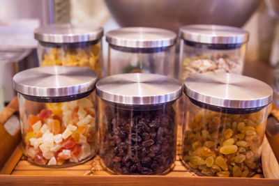 Close-up of ice cream in jar on table