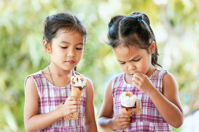 Close-up of sisters eating ice cream cones while sitting against trees at park