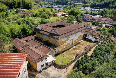 High angle view of houses in town