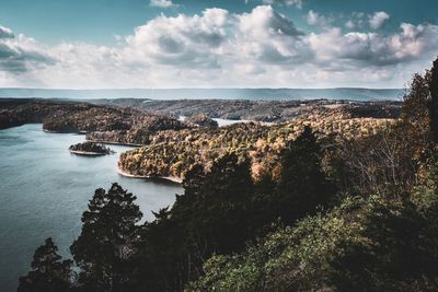 High angle view of bay against sky