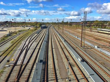 High angle view of railroad tracks against sky