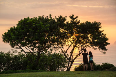 Rear view of couple by trees against sky during sunset