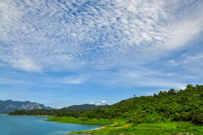 Scenic view of landscape and sea against sky