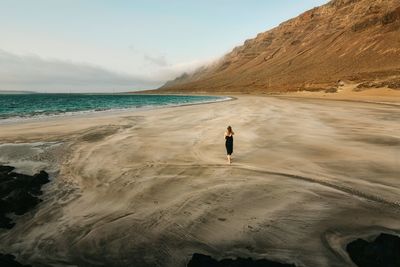 Rear view of woman standing at beach against sky