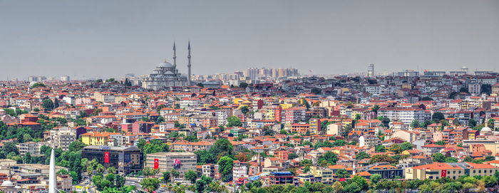 High angle view of city against clear sky