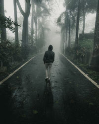 Rear view of man walking on footpath during rainy season