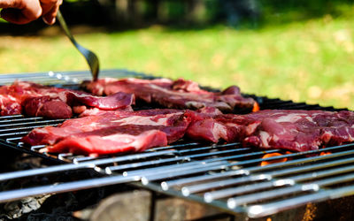 Cropped hand preparing meat on barbecue grill