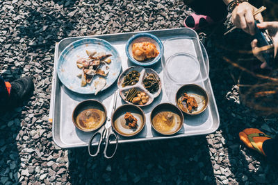 High angle view of food on stones