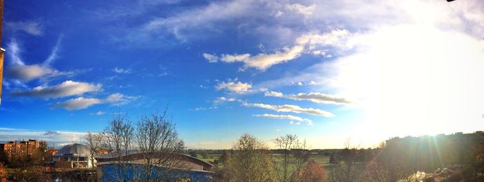 Panoramic view of agricultural field against blue sky