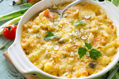 Casserole crumble with red fish, white bread. 