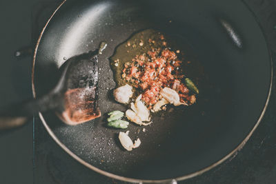 High angle view of food on barbecue grill