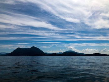 Scenic view of sea by mountains against sky