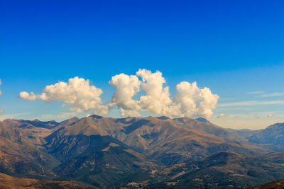 Scenic view of snowcapped mountains against blue sky