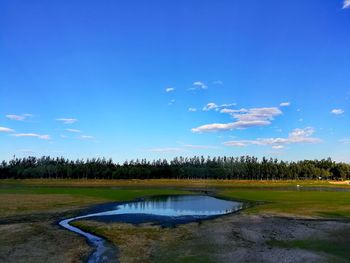 Scenic view of lake against blue sky