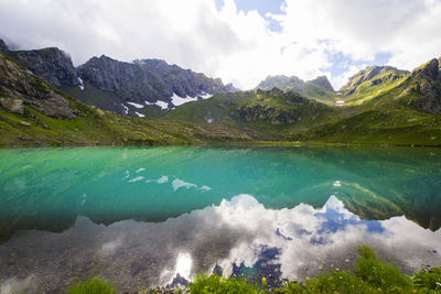 Scenic view of lake and mountains against sky