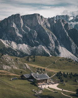 High angle view of buildings on mountain against sky