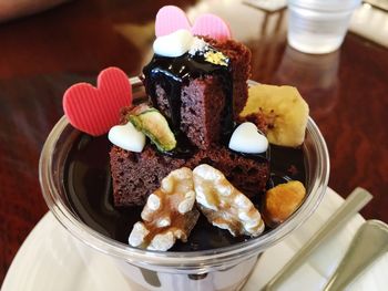 Close-up of dessert served on table