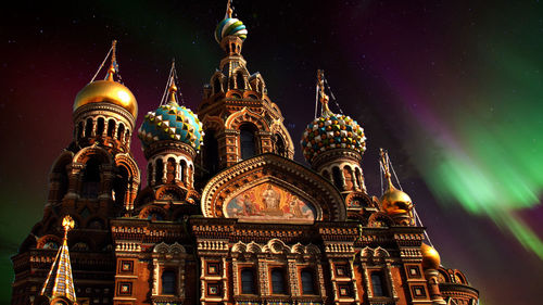 Low angle view of cathedral at night