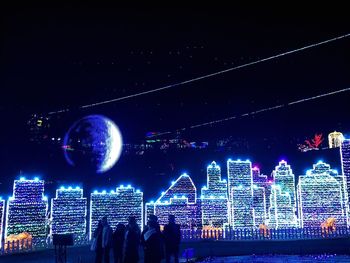 Crowd at illuminated city against sky at night