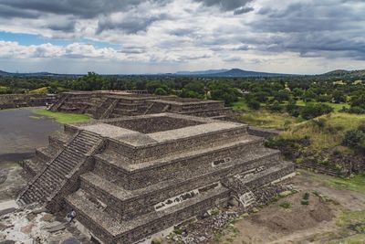 High angle view of old ruins against sky