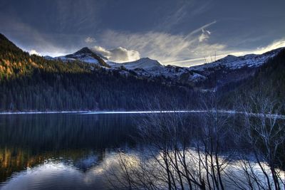 Scenic view of lake and mountains against sky