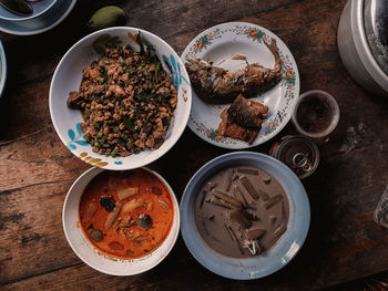 High angle view of meal served on table