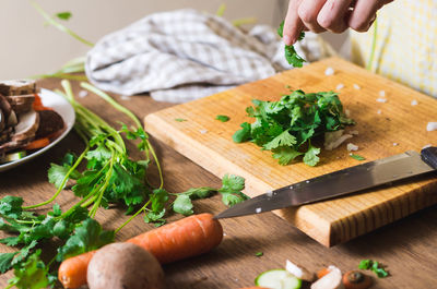 Cropped image of person chopping cilantro on cutting board