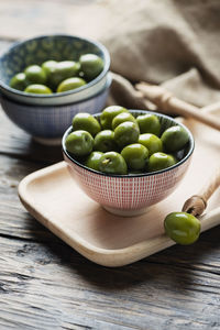 High angle view of fruits in bowl on table