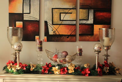 View of red wine in glass on table