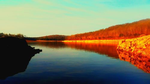 Scenic view of lake against sky during sunset