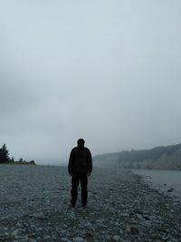 Rear view of man standing on shore against sky