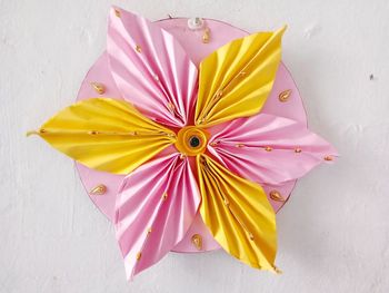 High angle view of pink flowers on table