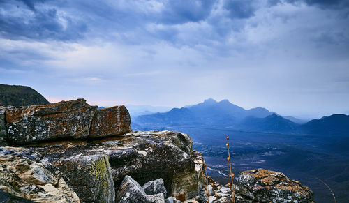 Scenic view of sea and mountains against sky