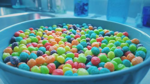 Close-up of colorful candies in bowl