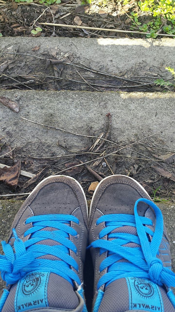 LOW SECTION OF MAN WEARING BLUE SHOES ON ROAD