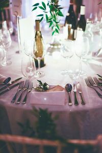 Wine glasses on table at restaurant