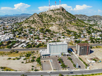 High angle view of buildings against sky