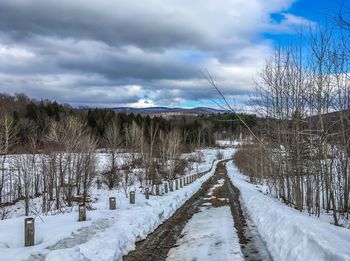 Scenic view of snow covered land against sky