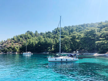 Scenic view of sea against clear blue sky