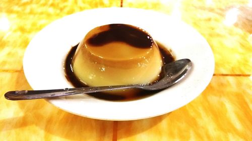 High angle view of dessert in plate on table