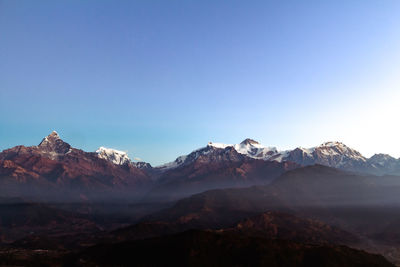 Scenic view of snowcapped mountains against clear sky