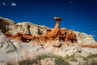 Rock formations on landscape against clear blue sky