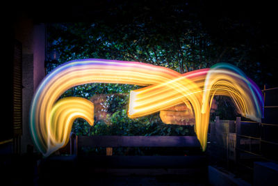 Light trails against trees at night