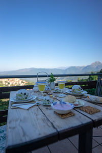 High angle view of breakfast on table against clear sky