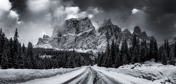 Panoramic shot of snow covered land against sky