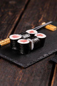 High angle view of sushi on table