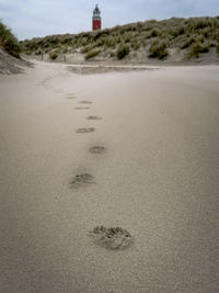 Footprints on sand at beach against sky