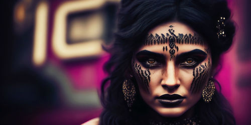 Gypsy girl with patterns on her face. panoramic view, purple background