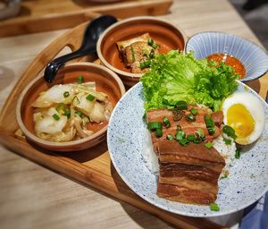 High angle view of food in plate on table