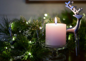 Close-up of illuminated tea light candles on table